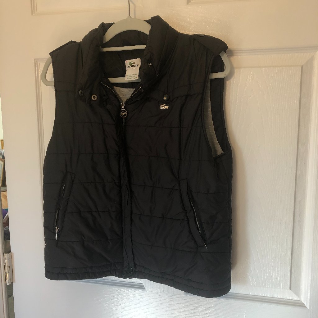 Lacoste Women Black Sleeveless Zip Up Hooded Jacket, M